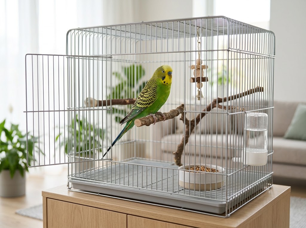 Bird care with cage, food, water, and perches
