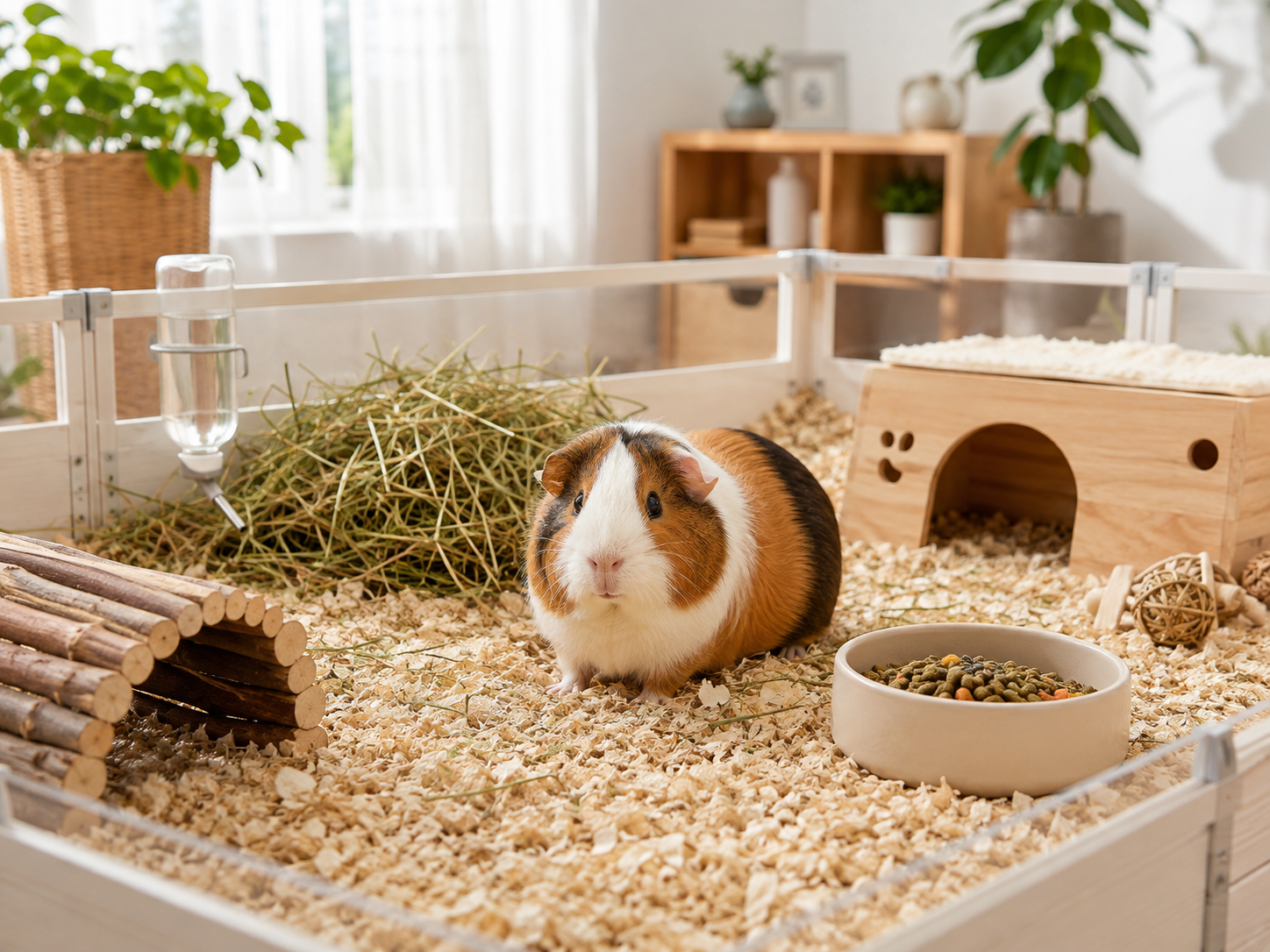 Guinea pig in a spacious small pet care habitat